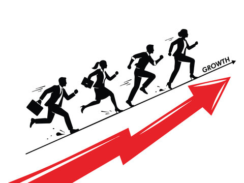 dynamic financial vector design highlighting black silhouettes of ambitious corporate businesspeople sprinting uphill alongside a rising red arrow, pointing towards rapid career success and market gro