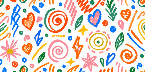 Colorful Hand Drawn Pattern With Hearts Spirals And Floral Elements © AnupKumar