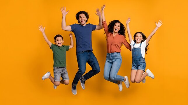 Happy family of four, including parents and two children, jumping high with arms raised and big smiles on their faces against a vibrant solid orange studio background.