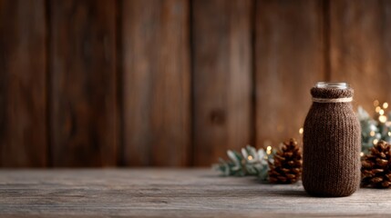 Fototapeta premium A charming vintage milk bottle dressed in knitted fabric sits on a wooden table, surrounded by pinecones and greenery, creating a cozy rustic ambiance perfect for holiday decor.