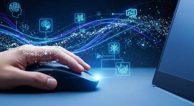 Person hand using computer mouse with glowing AI data interface and neural network icons for machine learning and digital innovation concept.