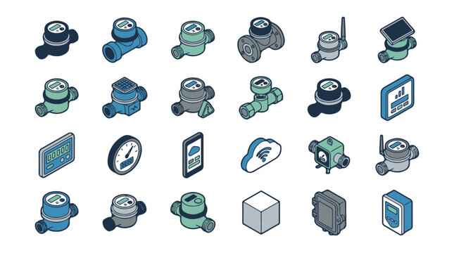 Isometric Smart Water Meter Icons for Utility and Technology Applications