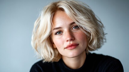 Fototapeta premium A striking portrait of a young woman with chic blonde hair, embodying confidence and beauty, set against a soft, neutral backdrop that enhances her charming features.