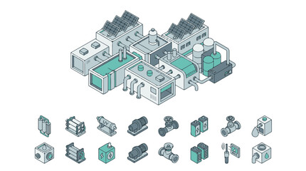 Fototapeta premium Isometric Water Purification Plant with Solar Panels and Filtration Components Collection