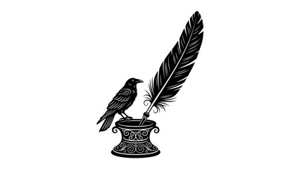 Raven and Quill: A raven stands proudly beside a vintage quill pen in an ornate inkwell, evoking a sense of classic literature and dark mystery. © Mf
