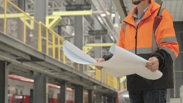 Focused engineer scrutinizes blueprint detail within expansive industrial tunnel environment while wearing bright orange safety jacket and hard hat-detailed engineering planning underway.