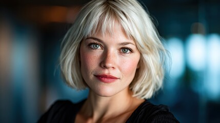 Fototapeta premium A captivating portrait of a woman with short blonde hair and vibrant green eyes, exuding confidence and warmth in a softly lit indoor environment.