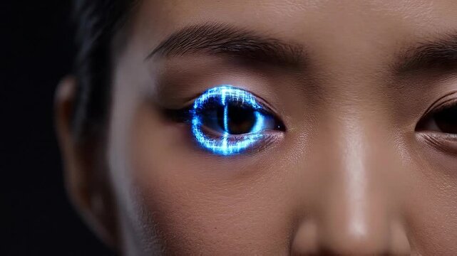 Closeup of futuristic eye scan technology with digital interface and glowing blue grid on woman's face