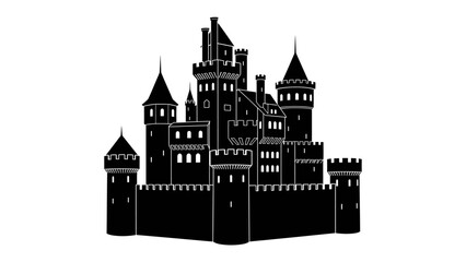 Silhouette Castle: A majestic black silhouette of a medieval castle stands tall, featuring multiple towers, battlements, and sharp spires against a white background. © hasem