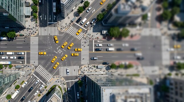 Aerial view of a busy city intersection with yellow taxis and pedestrians