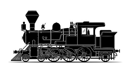 Vintage Steam Locomotive Silhouette: A striking black silhouette of a vintage steam locomotive, showcasing its intricate mechanical details and classic design, ready to embark on a historical journey. © Mf