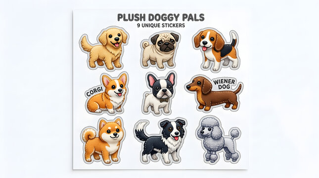Plush Doggy Pals Collection: A delightful set of 9 unique illustrated stickers featuring various adorable dog breeds, from playful pups to charming companions.