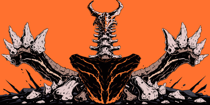 Illustration of a dinosaur pelvis and spine with horns set against an orange background dinosaur prehistoric skeleton creature fossilized