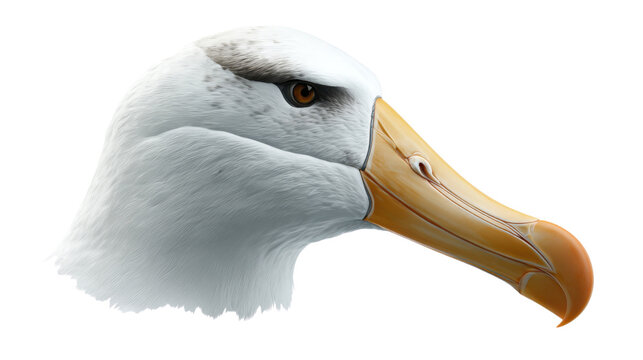 Detailed albatross head profile illustration showcasing powerful hooked beak realistic feathers and sharp eye isolated elegantly on white background