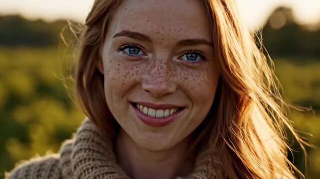 Close up of freckled redhead woman outdoors at sunset