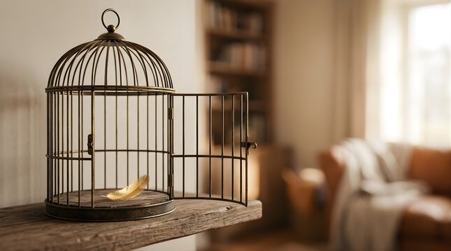 Antique brass bird cage with an open door and golden feather on a shelf