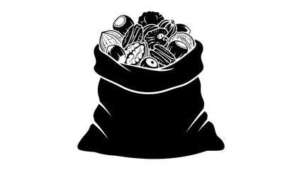Bag of Nuts: A black silhouette of a sack overflowing with a variety of nuts, symbolizing abundance and healthy snacking. © Mf