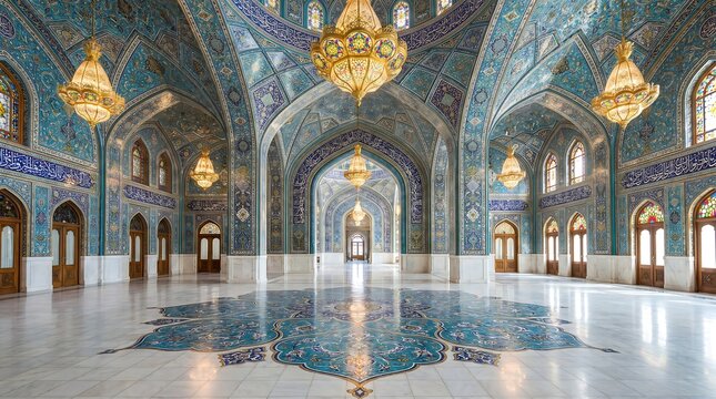 Interior view of the fatima masumeh shrine in qom, iran, featuring intricate blue tilework and ornate chandeliers
