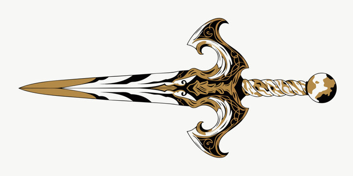 Detailed medieval dagger with intricate black and gold design on blade and handle middle ages battering ram murder holes sally port postern gate medieval intricate illustration ornament