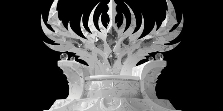 Intricate ice throne with detailed carvings and a starry crest surrounded by jagged ice formations boo carvings formations reflective illustration background wallpaper decoration