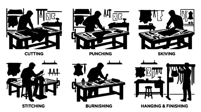 Leather Crafting Process with Six Stages Including Cutting, Punching, Skiving, Stitching, Burnishing, and Hanging and Finishing