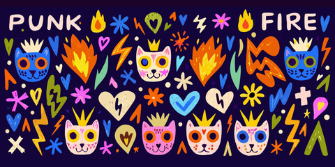 Punk doodle collection with flames cats and lightning bolts on dark background © Ajay