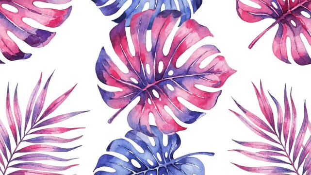 Watercolor monstera and palm leaf seamless pattern background.