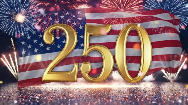Golden number 250 with waving American flag and fireworks. USA 250th Anniversary, America Semiquincentennial, 4th of July Independence Day celebration and patriotic milestone concept.