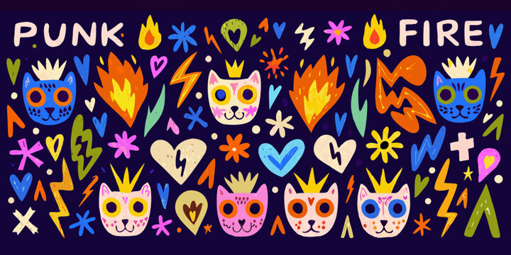 Punk doodle collection with flames cats and lightning bolts on dark background