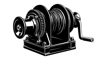 Manual Winch Illustration: A detailed, stylized illustration of a manual winch, showcasing its intricate gears, crank handle, and coiled rope, rendered in a striking black and white aesthetic. © Mf