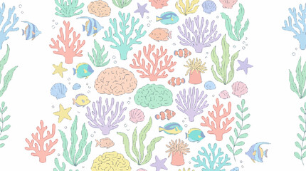 Seamless underwater coral reef pattern with colorful corals, seashells, starfish, and marine plants in pastel hand drawn vector style. Perfect for fabric, wrapping paper, wallpaper, packaging, and sur © Waskim
