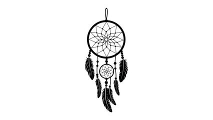 Obraz premium Dreamcatcher Charm: An intricate black dreamcatcher, adorned with delicate beadwork and hanging feathers, symbolizes protection and good dreams.