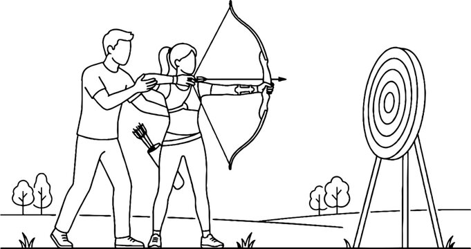 Archery lesson with instructor and student outdoors.