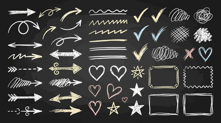 Chalk Arrows and Symbols Set Hand Drawn on Blackboard Sketchy Hearts Stars and Frames © PYARA