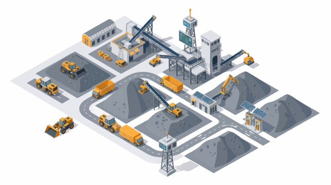 Industrial mining complex with heavy machinery and raw materials.