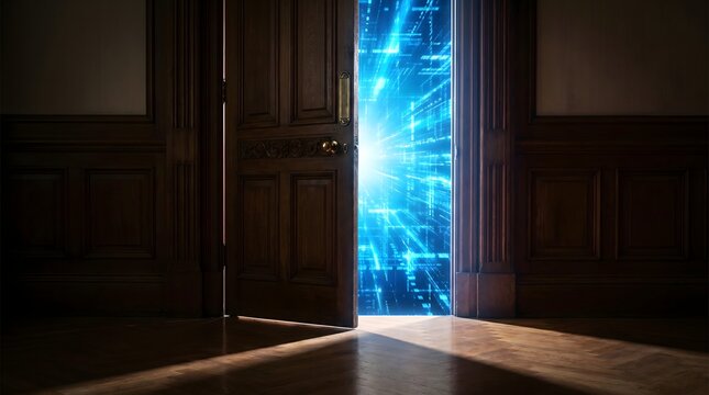 The old wooden door creaks open, revealing a bright blue light emanating from the other side, illuminating the dark room's wooden floor and walls.