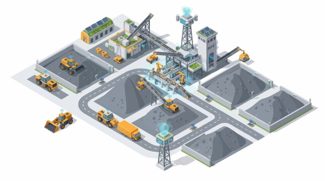 Industrial mining complex with heavy machinery and raw materials.