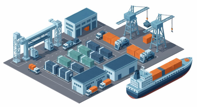 Industrial port with cargo ship and cranes isometric view.