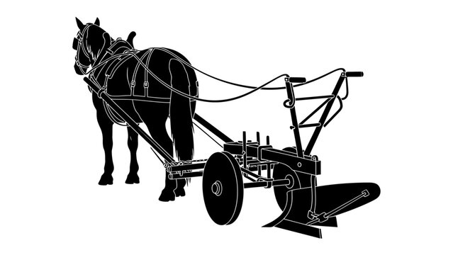 Horse-drawn Plough: A powerful draft horse pulls a traditional plough through a field, illustrating historical agricultural techniques and the enduring connection between humans and working animals.
