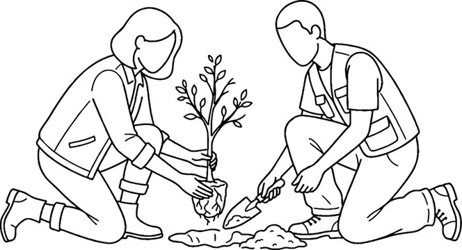 Two people planting a young tree together in soil.