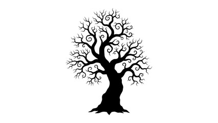 Silhouette of a Twisted Tree: A striking silhouette of a deciduous tree, its branches artfully twisted and spiraled, stands starkly against a white background. © Mf
