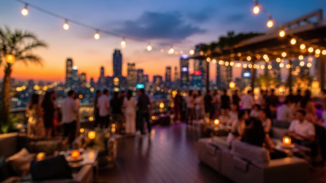 Rooftop bar social event sunset city skyline bokeh lights nightlife party people gathering lounge atmosphere