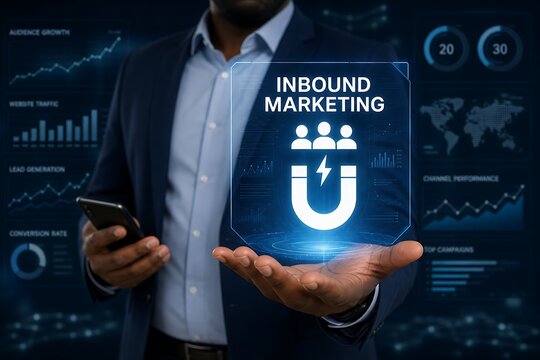 Hand holding inbound marketing hologram with global network and digital icons illustration