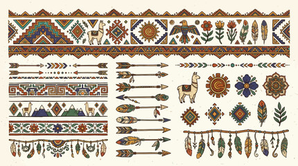Fototapeta premium Andean Indigenous Folk Art Pattern Elements Set, Tribal Borders with Llama Sun and Ethnic Icons