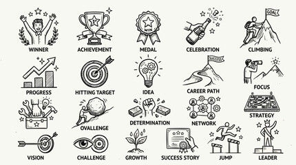 Fototapeta premium Success Achievement Business Icons Set Hand-Drawn Doodle Style Motivational Goal Growth Illustrations