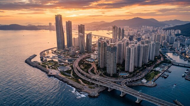 Breathtaking aerial view of a sprawling coastal city bathed in the warm golden light of a dramatic sunset highlighting modern high-rises.