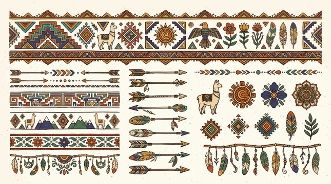 Andean Indigenous Folk Art Pattern Elements Set, Tribal Borders with Llama Sun and Ethnic Icons