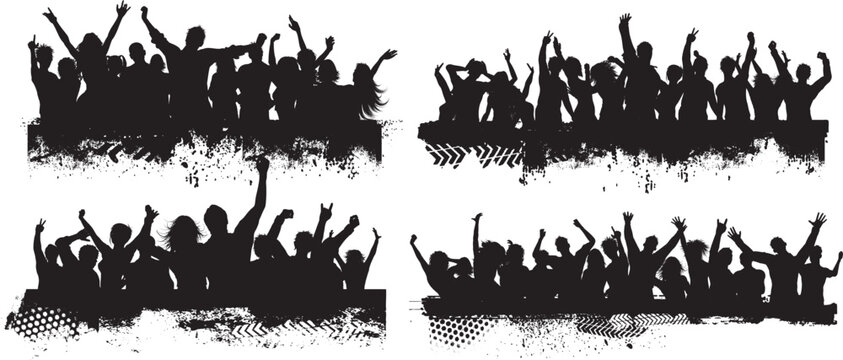 Black and white grunge vector illustration of a dancing crowd at a concert party, cheering audience, music festival celebration, silhouettes, raised hands, fun club atmosphere