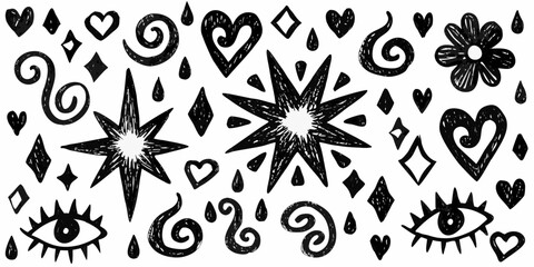 Occult themed Pattern With Stars Eyes Hearts And Swirls Black On White © Sujal