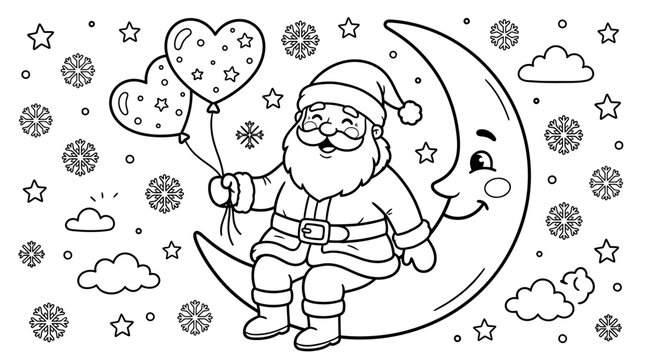 Cheerful Santa Claus Holding Heart Balloons Sitting on a Smiling Crescent Moon